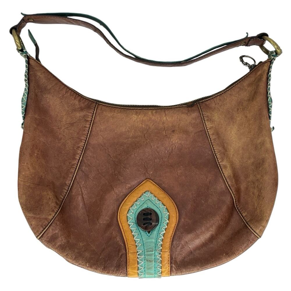 VTG Y2K BCBGirls Brown Leather Boho Hobo Bag Turquoise Embroidery Festival Purse